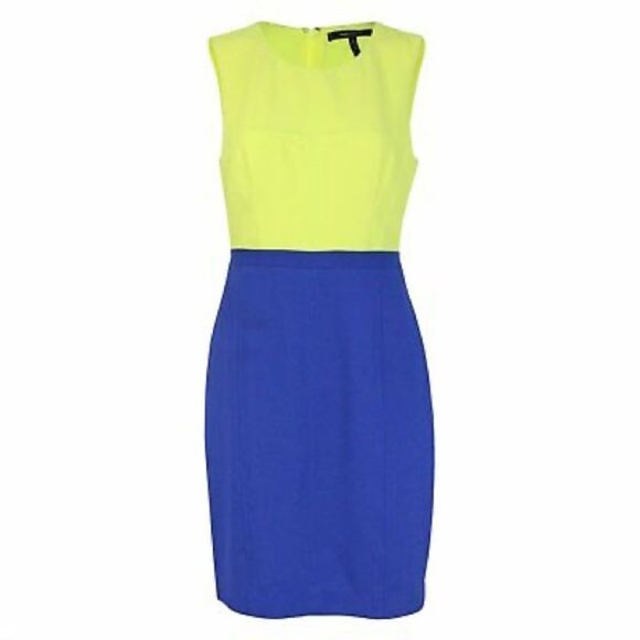 BCBGMAXAZRIA size 2 Blaire Color-Block Sheath Dress Navy Blue Neon Yellow Green - Picture 9 of 10